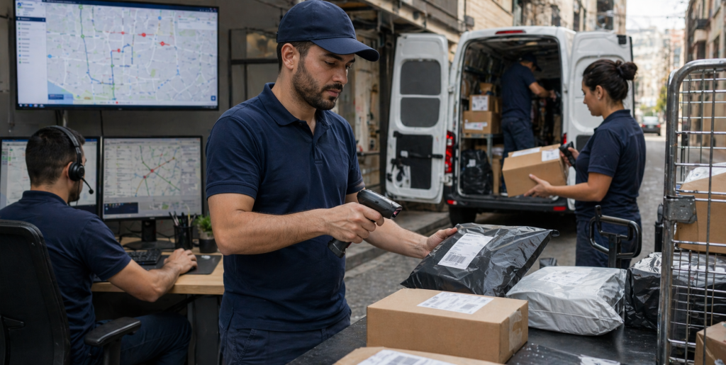 Courier operation with pickup, returns, parcel scanning, and route execution