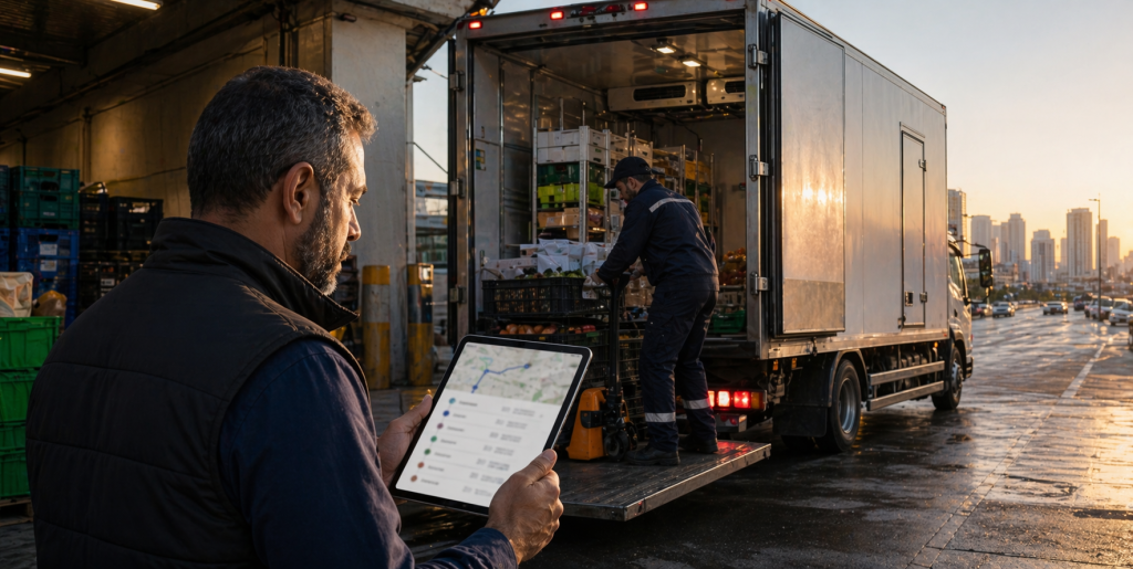 Food distribution operation with refrigerated vehicle, route planning, and store deliveries