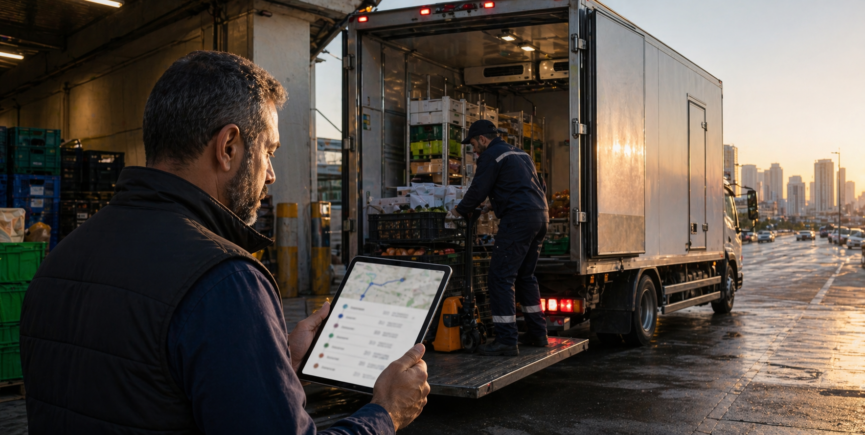Food distribution truck on a multi-stop Israeli route with cold and ambient legs