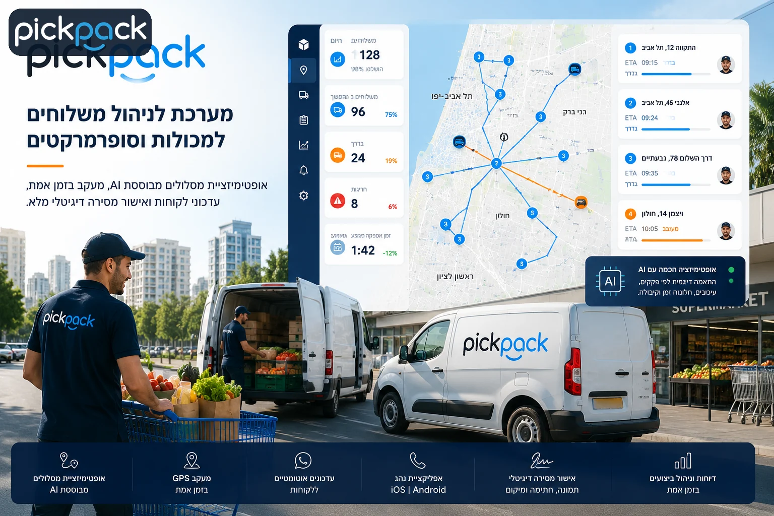מערכת PickPack לניהול משלוחי מכולות וסופרמרקטים עם מסלולי חלוקה, דשבורד ונהגים בזמן אמת