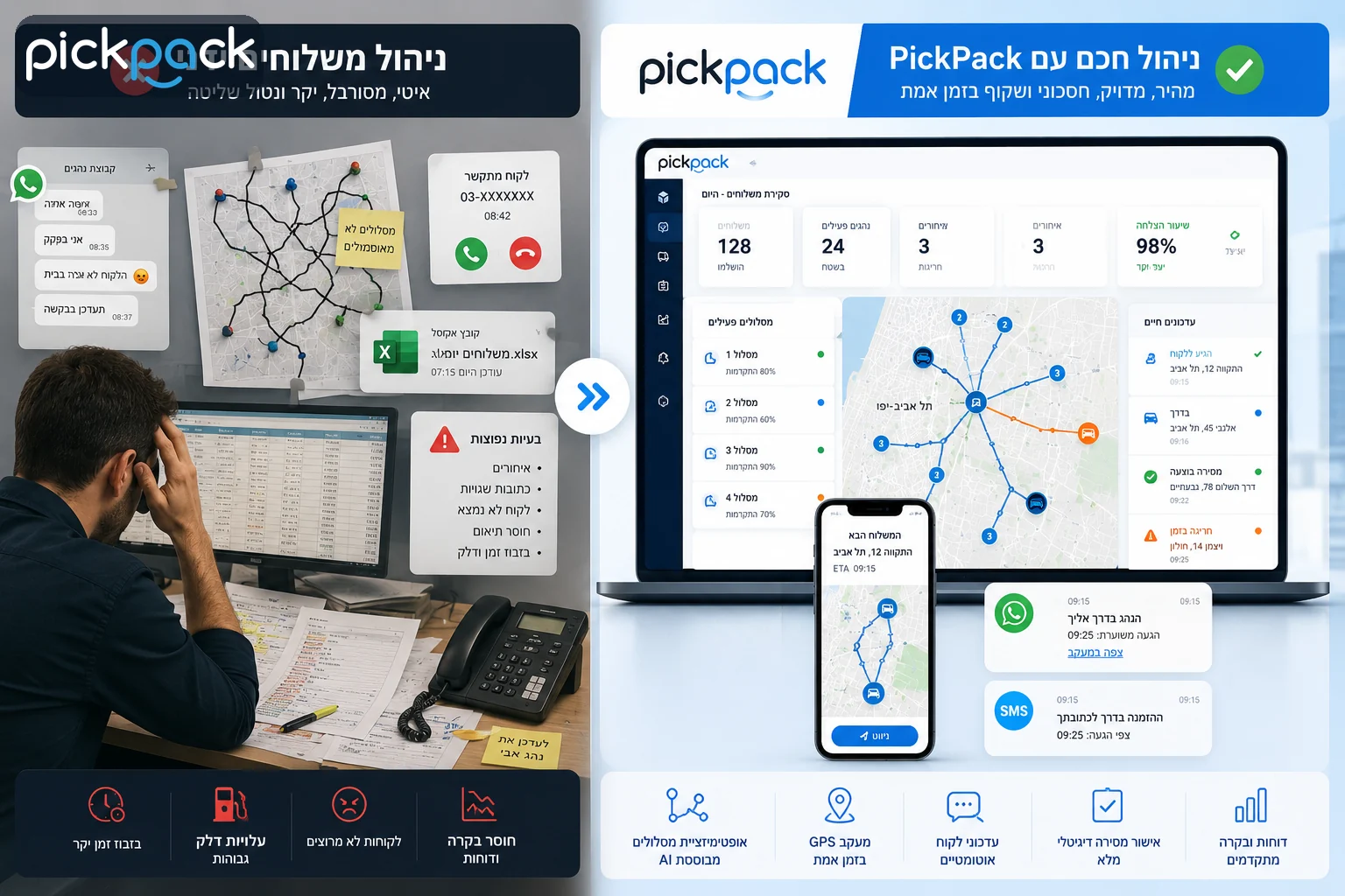 השוואה בין ניהול משלוחים ידני לבין ניהול משלוחים מסודר עם PickPack