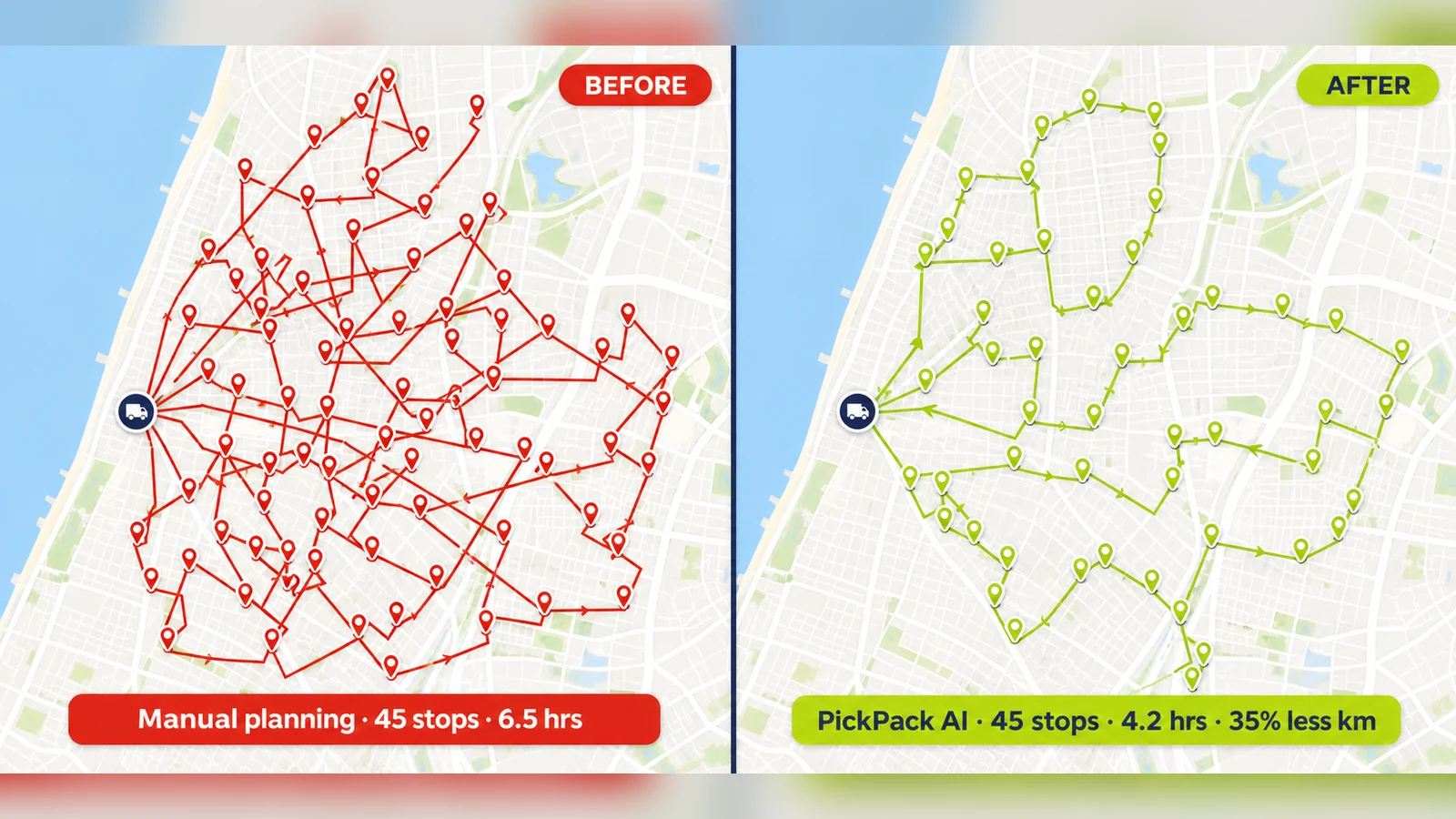 Before/after route optimization — manual planning vs PickPack AI on the same Tel Aviv route