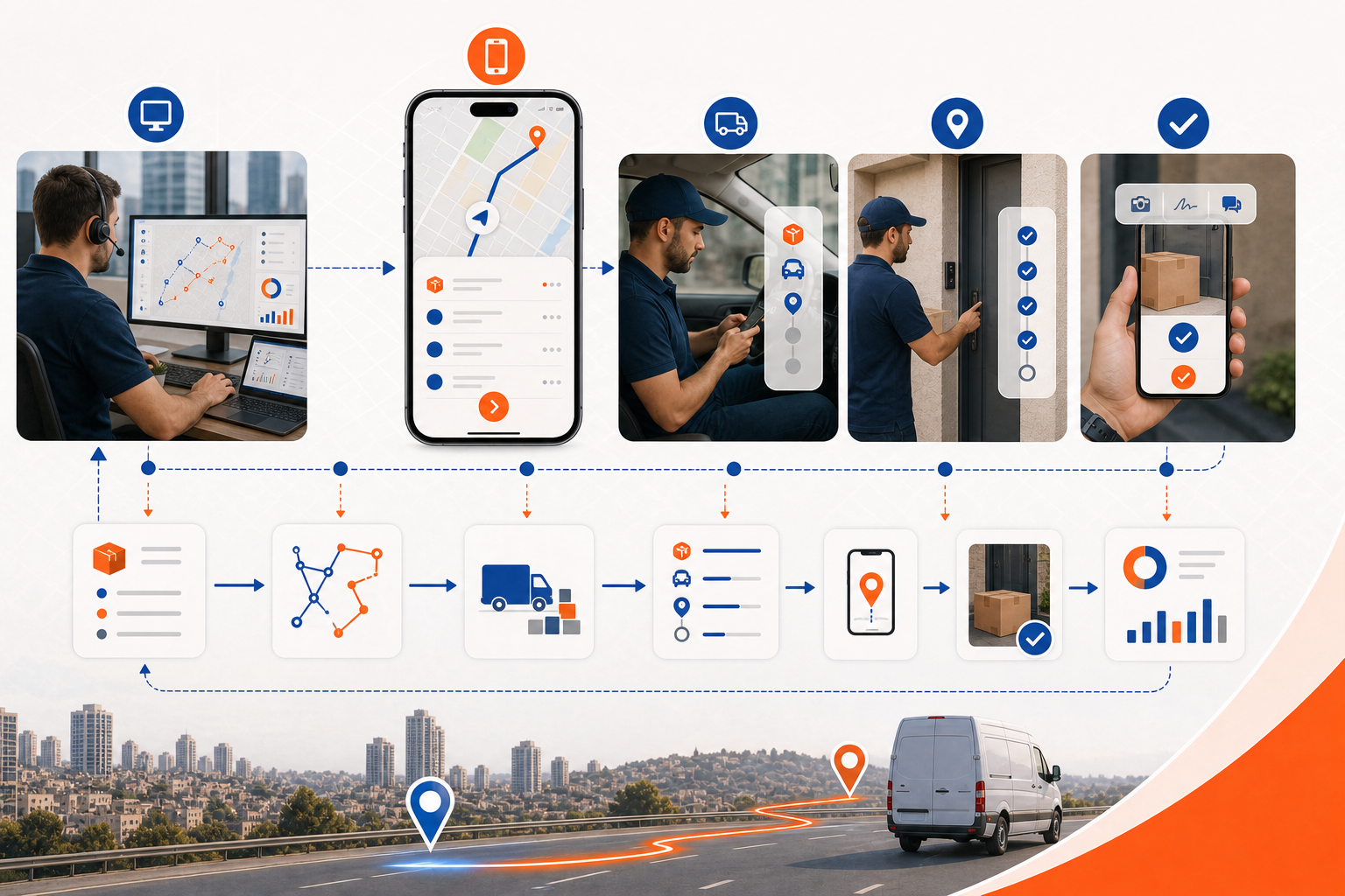 Ilustracion de flujo para app para conductores de entrega en Israel