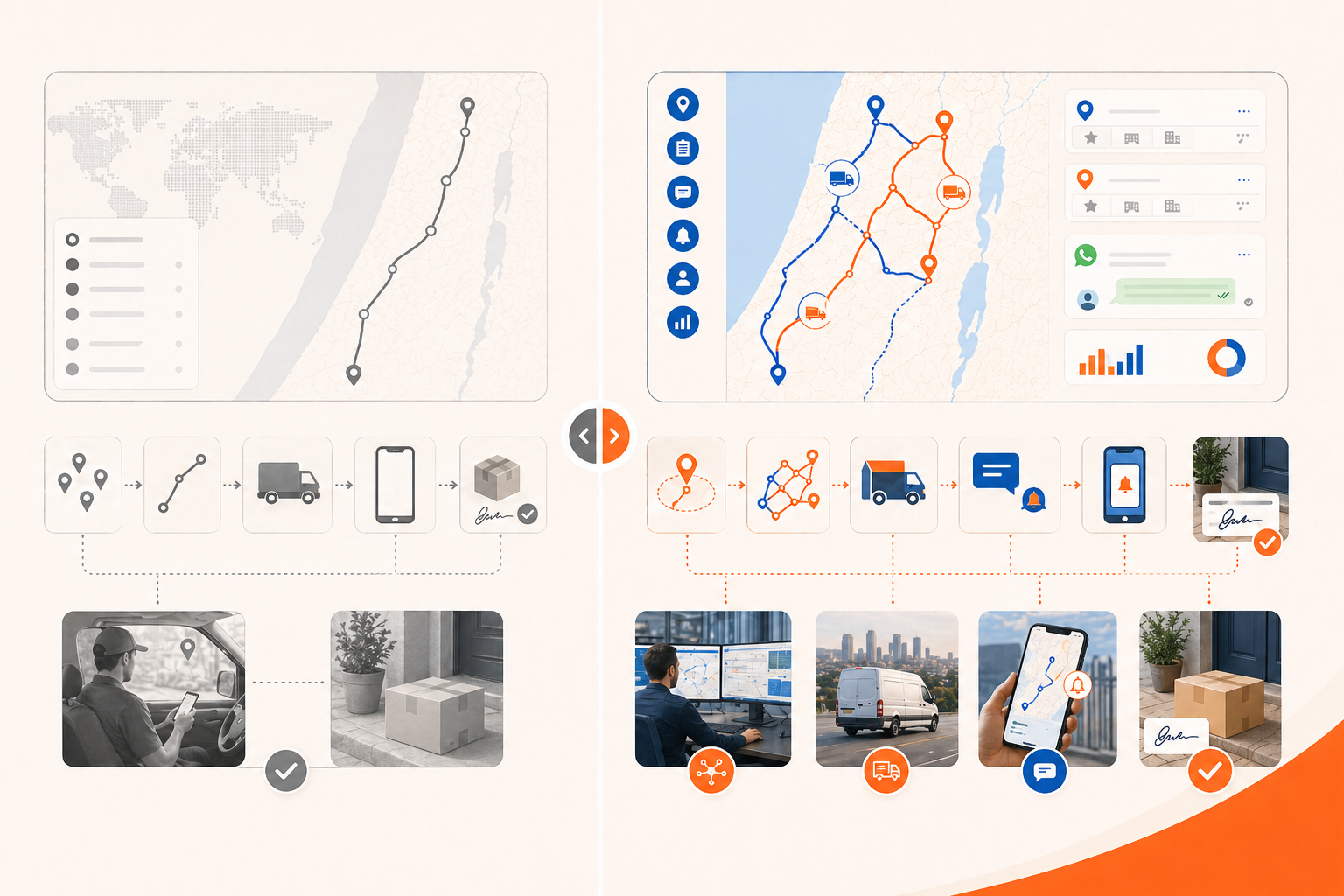 אילוסטרציית תהליך עבור Onfleet ישראל מול PickPack