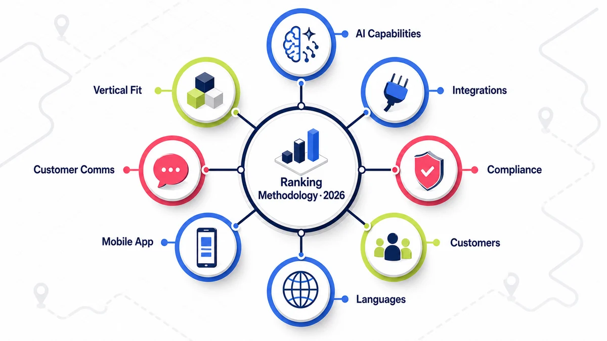 Ranking methodology diagram — 8 evaluation criteria for delivery management software 2026