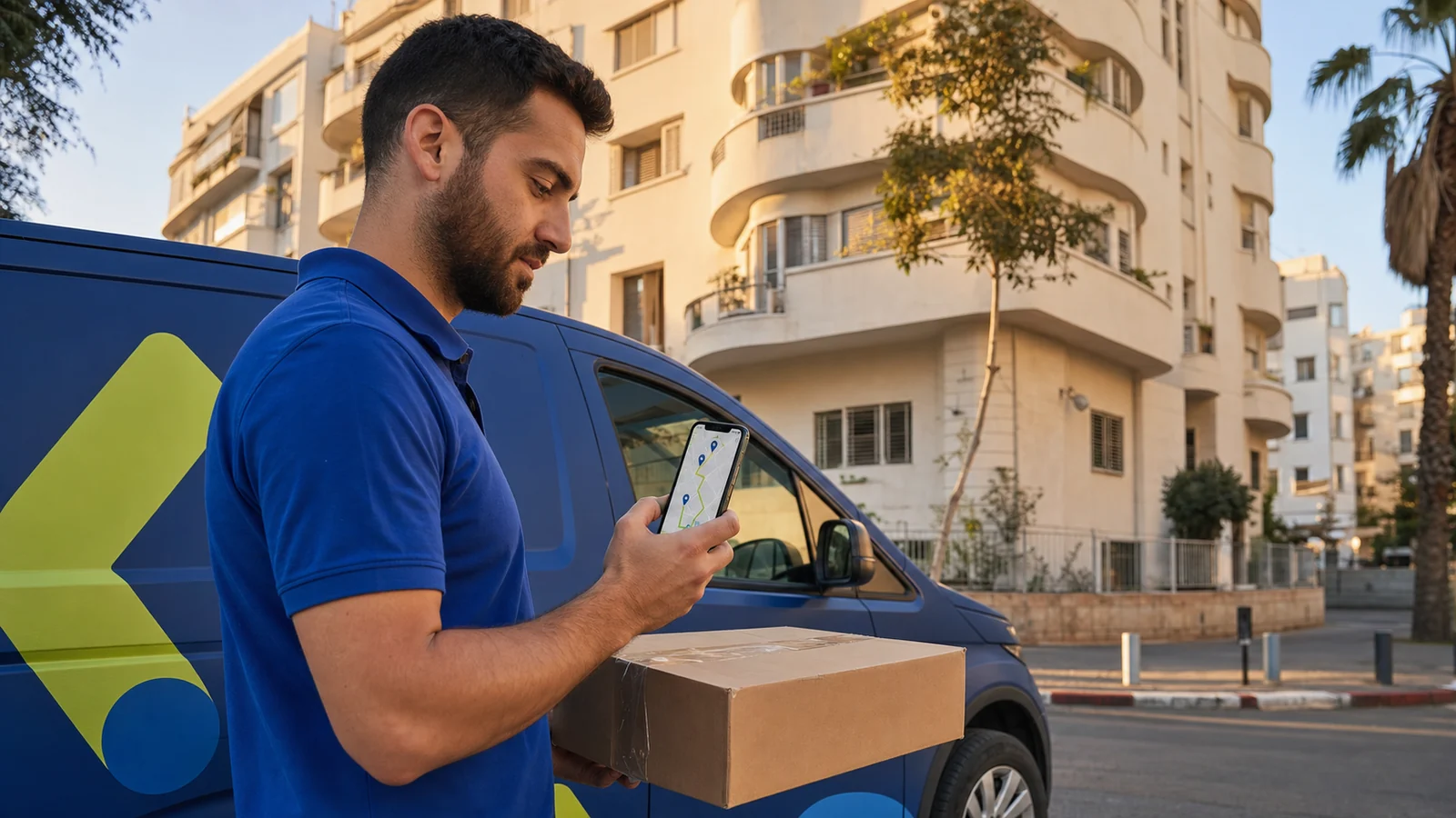 Israeli last-mile delivery driver in Tel Aviv — branded van, smartphone, golden hour