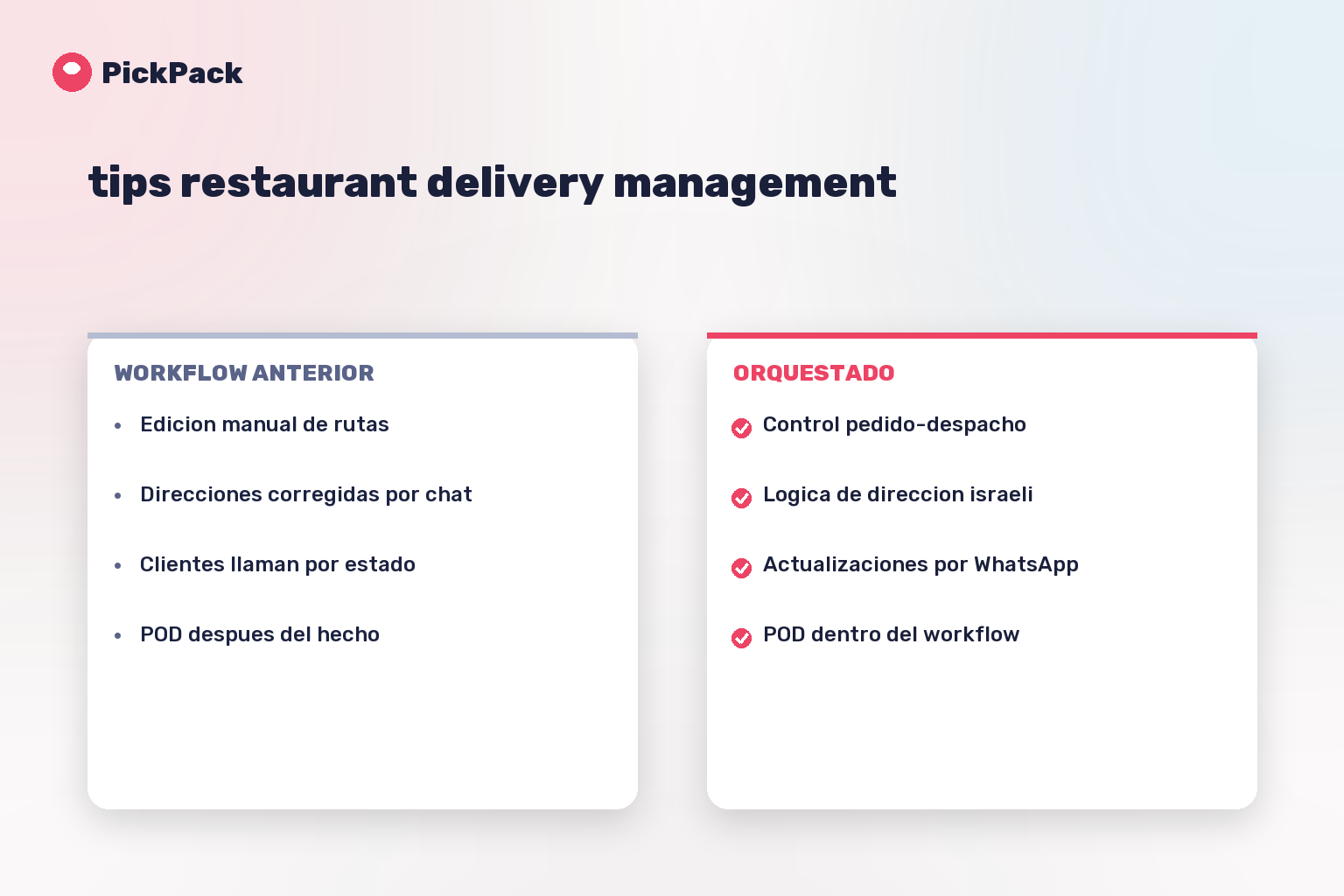 tarjeta comparativa de workflow - tips restaurant delivery management