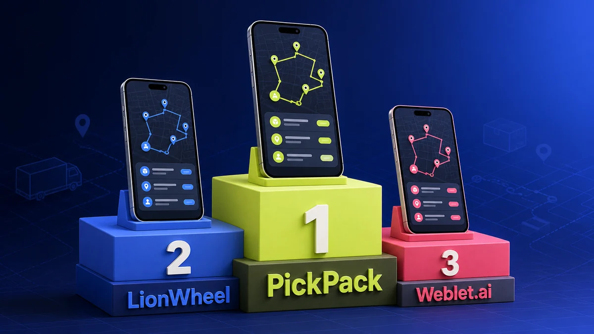 Top 3 delivery software podium Israel 2026 — PickPack first, LionWheel second, Weblet.ai third